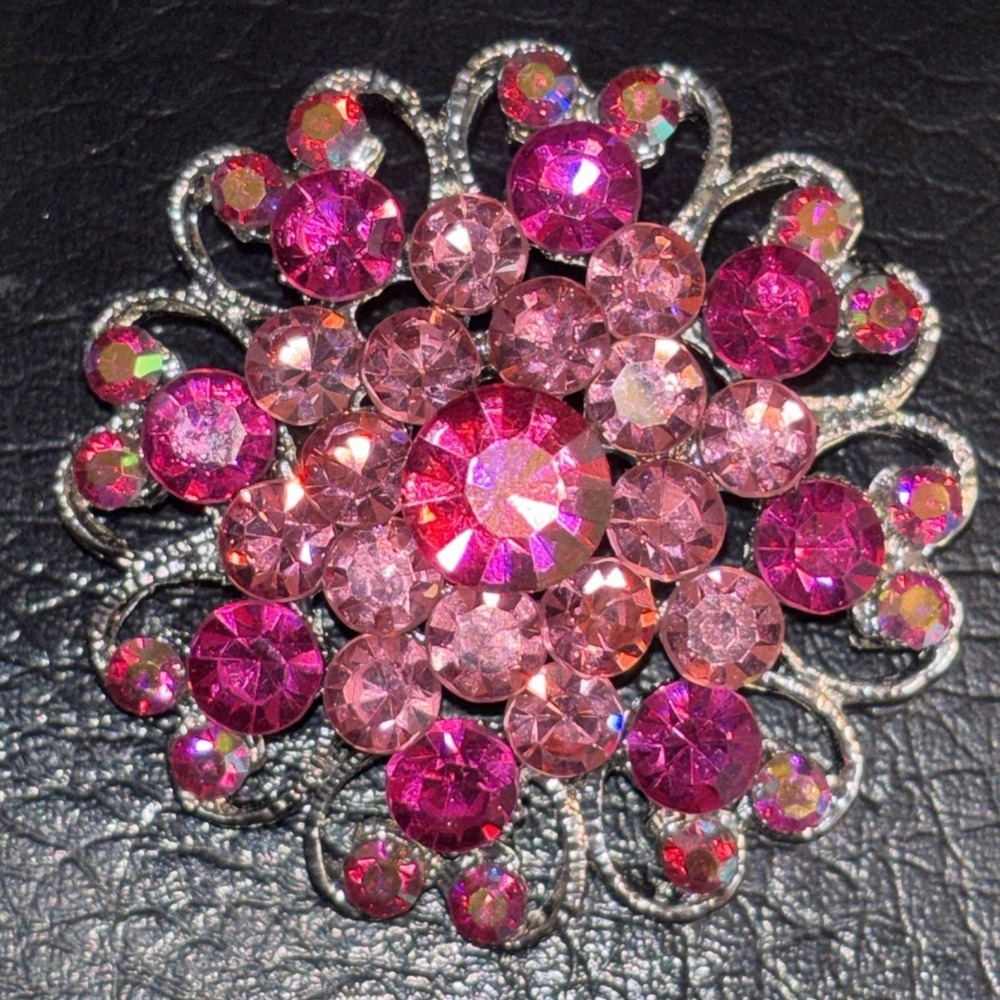 SILVERTONE HEART FLOWER BROOCH PINK Aurora Borealis RHINESTONE